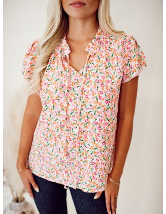 Flower pattern tie up layered short sleeved top