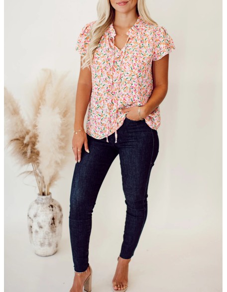 Flower pattern tie up layered short sleeved top