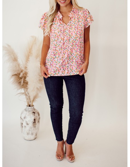 Flower pattern tie up layered short sleeved top