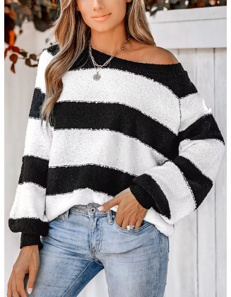 Women's Striped One Shoulder Plush Knitted Sweater