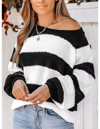 Women's Striped One Shoulder Plush Knitted Sweater