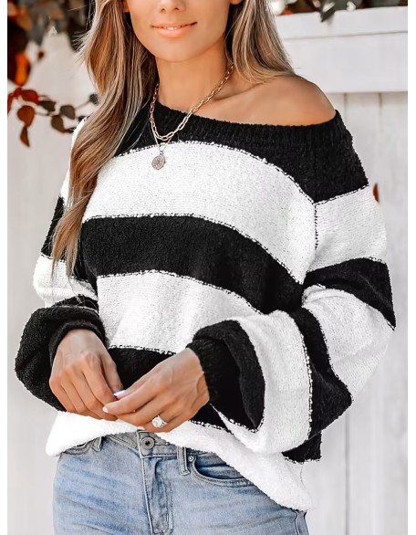 Women's Striped One Shoulder Plush Knitted Sweater