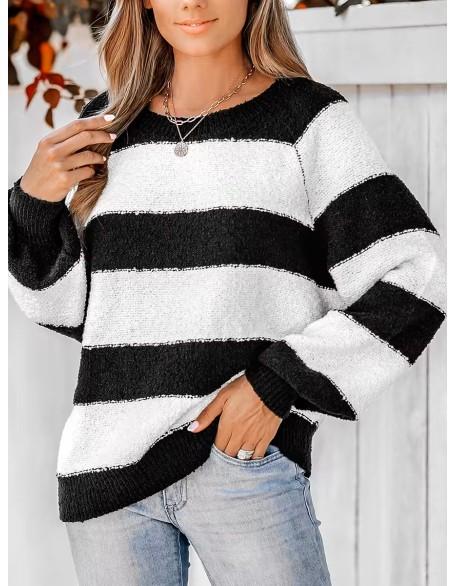 Women's Striped One Shoulder Plush Knitted Sweater