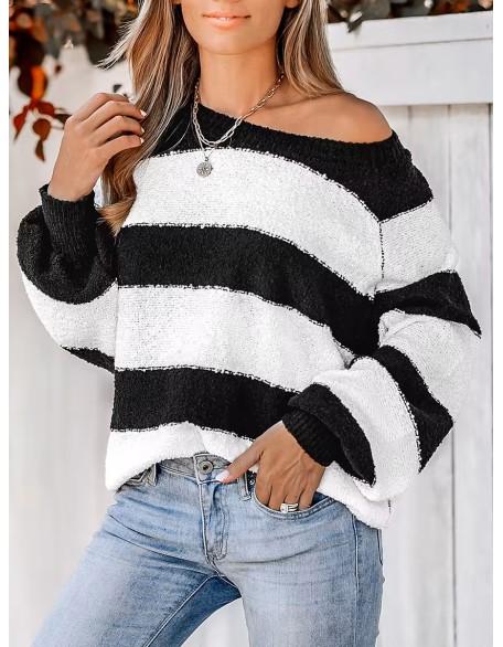 Women's Striped One Shoulder Plush Knitted Sweater