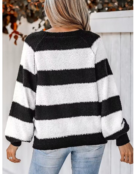 Women's Striped One Shoulder Plush Knitted Sweater