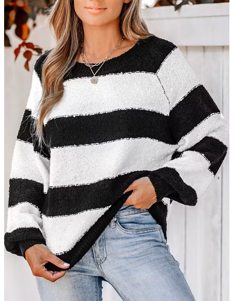 Women's Striped One Shoulder Plush Knitted Sweater