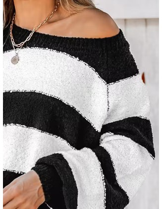 Women's Striped One Shoulder Plush Knitted Sweater