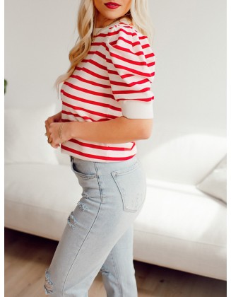 Red striped bubble sleeved sweater top