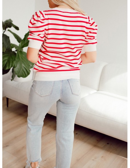 Red striped bubble sleeved sweater top