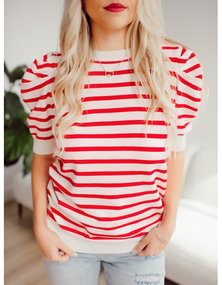 Red striped bubble sleeved sweater top