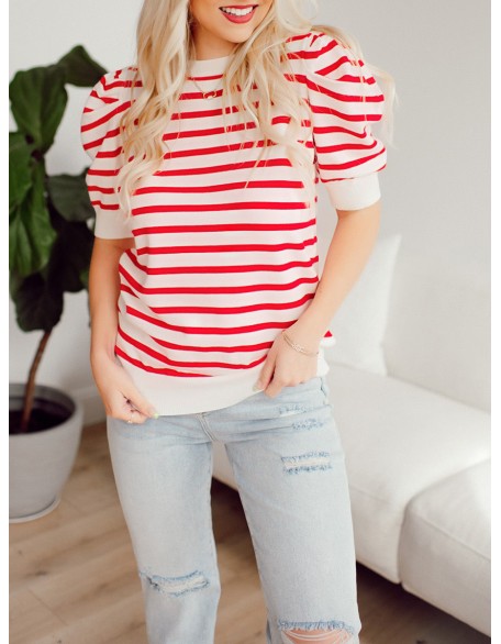 Red striped bubble sleeved sweater top