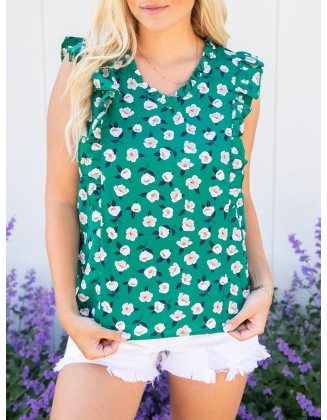 Green floral ruffled short sleeved shirt