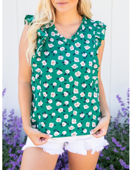 Green floral ruffled short sleeved shirt