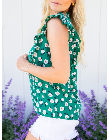 Green floral ruffled short sleeved shirt