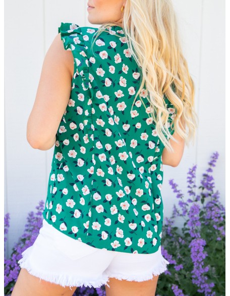 Green floral ruffled short sleeved shirt