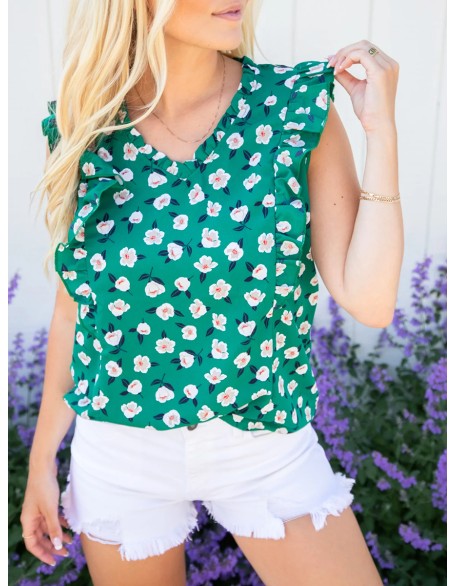 Green floral ruffled short sleeved shirt