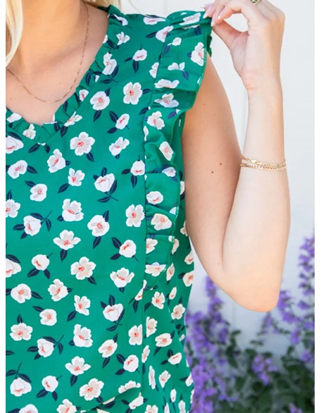 Green floral ruffled short sleeved shirt