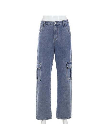 Pockets Patchwork High Waist Jeans Streetwear Straight