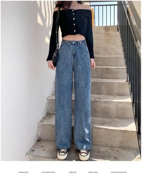 High Waist Clothes Wide Leg Denim Clothing Blue Streetwear Vintage