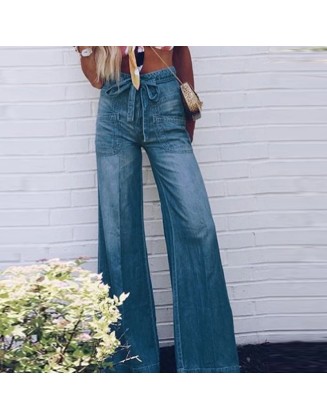 Wide Leg Jeans Woman Plus Size Lace-up Washed Pants Loose Cotton Casual