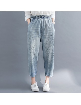 Jeans Women Floral Embroidery Vintage Casual Loose Breeches Boyfriend