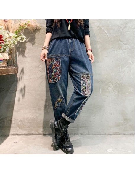 Women Vintage Ethnic Style Patchwork Jeans Elastic High Waist Fashion