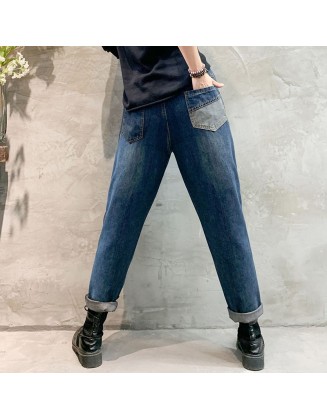 Women Vintage Ethnic Style Patchwork Jeans Elastic High Waist Fashion