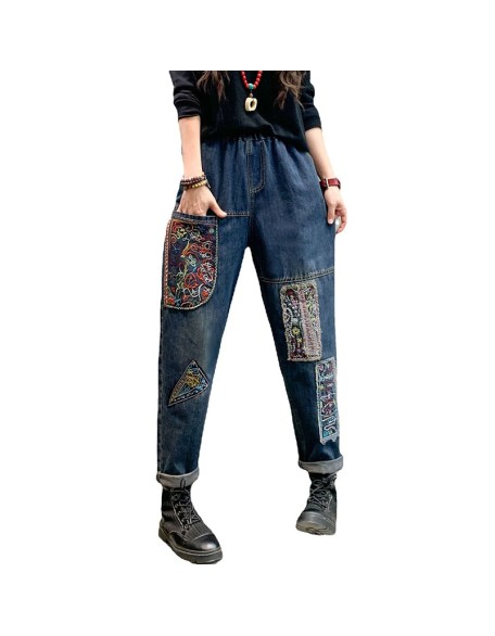 Women Vintage Ethnic Style Patchwork Jeans Elastic High Waist Fashion