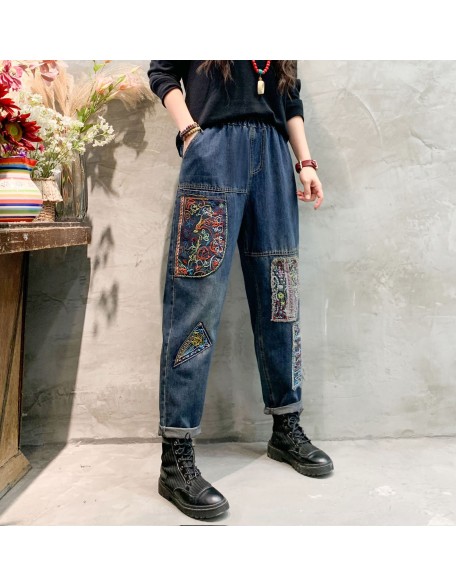 Women Vintage Ethnic Style Patchwork Jeans Elastic High Waist Fashion
