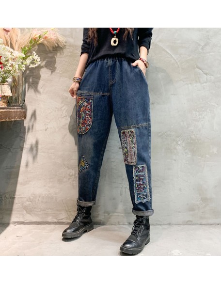 Women Vintage Ethnic Style Patchwork Jeans Elastic High Waist Fashion