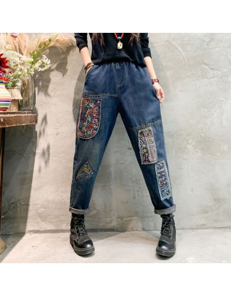 Women Vintage Ethnic Style Patchwork Jeans Elastic High Waist Fashion