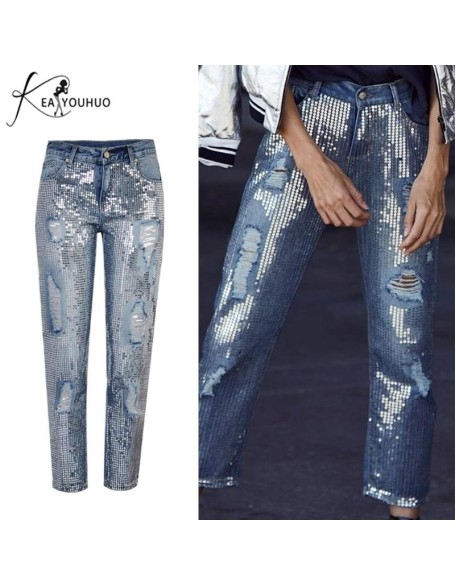 High Waist Denim Sequins Boyfriend Jeans