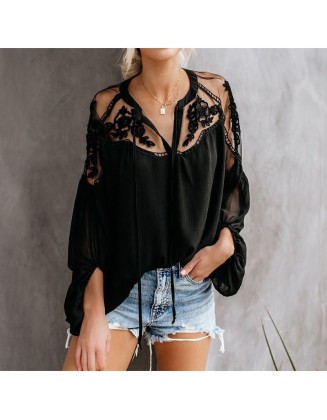 Chiffon Mesh Lace Blouse Tops Black Lantern Long Sleeve