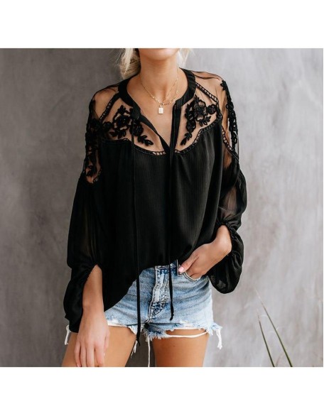 Chiffon Mesh Lace Blouse Tops Black Lantern Long Sleeve