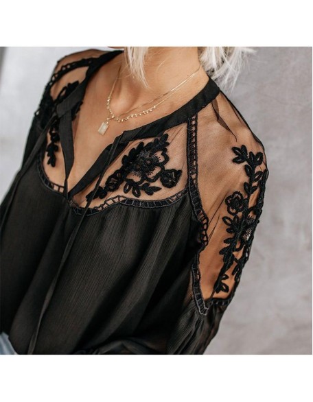 Chiffon Mesh Lace Blouse Tops Black Lantern Long Sleeve