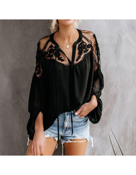 Chiffon Mesh Lace Blouse Tops Black Lantern Long Sleeve