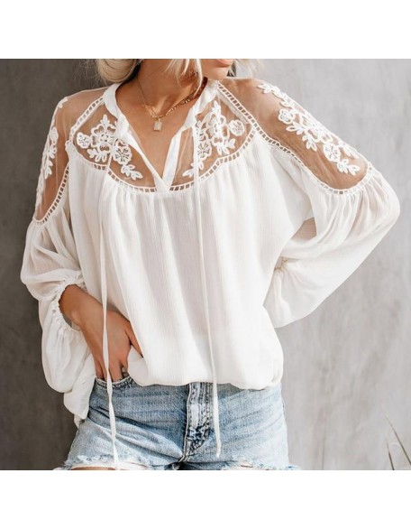 Chiffon Mesh Lace Blouse Tops Black Lantern Long Sleeve