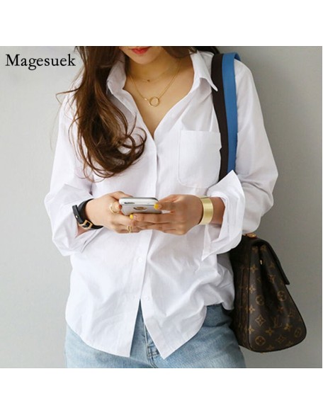 Long Sleeve Ladies Tops Blouses Plus Size Button Casual Cotton White Shirt
