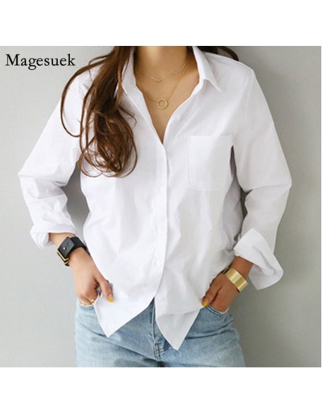 Long Sleeve Ladies Tops Blouses Plus Size Button Casual Cotton White Shirt