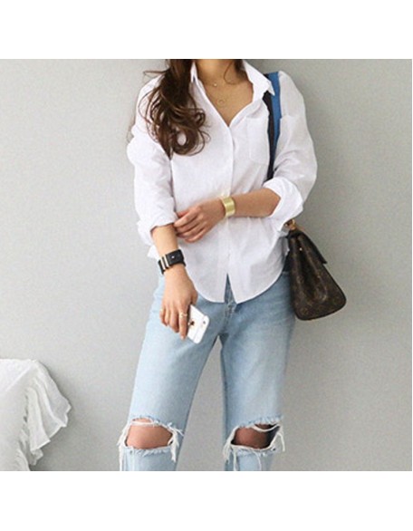 Long Sleeve Ladies Tops Blouses Plus Size Button Casual Cotton White Shirt
