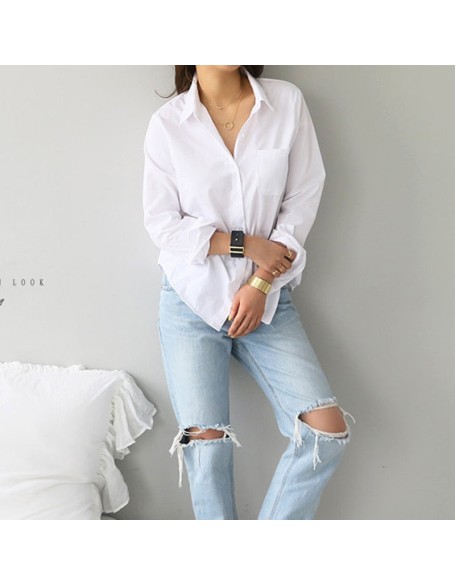 Long Sleeve Ladies Tops Blouses Plus Size Button Casual Cotton White Shirt