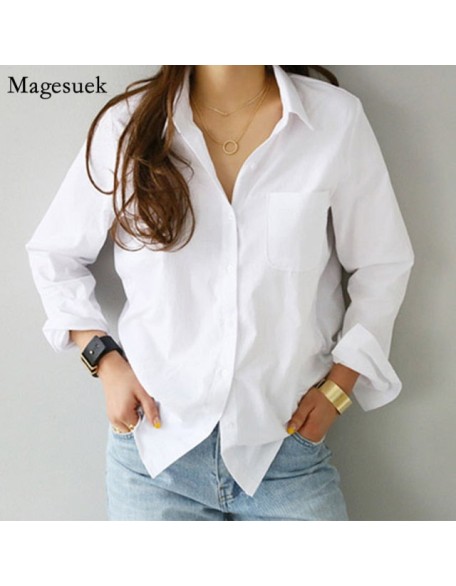 Long Sleeve Ladies Tops Blouses Plus Size Button Casual Cotton White Shirt