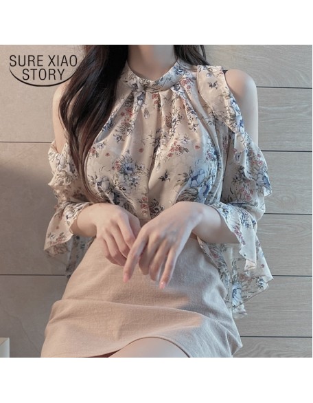Short Sleeve OL Chiffon Shirt Women Off-Shoulder Pullover Floral Loose Blouse