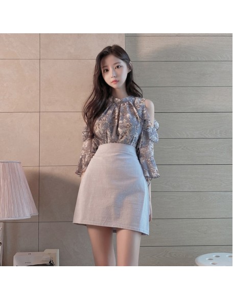Short Sleeve OL Chiffon Shirt Women Off-Shoulder Pullover Floral Loose Blouse