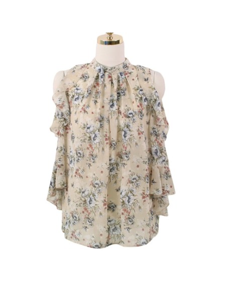 Short Sleeve OL Chiffon Shirt Women Off-Shoulder Pullover Floral Loose Blouse