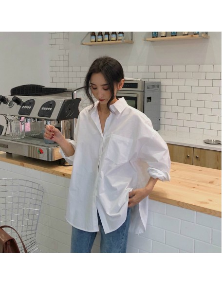 Long Sleeve Ladies Tops Blouses Plus Size Button Casual Cotton White Shirt
