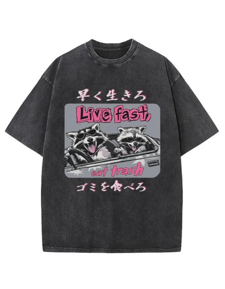 Live Fast Eat Trash Raccoon Japanese Washed T-Shirt