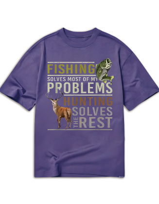 With A Fish Motif on The Left and A Deer Motif on The Right, The Design Is Full of Outdoor and Hunting Fishin-Men'S Casual Cotton T-shirt with Unique Pattern Printing