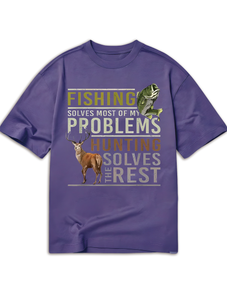 With A Fish Motif on The Left and A Deer Motif on The Right, The Design Is Full of Outdoor and Hunting Fishin-Men'S Casual Cotton T-shirt with Unique Pattern Printing