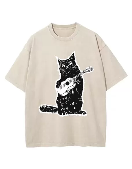 Cat Playing Guitar Washed T-Shirt